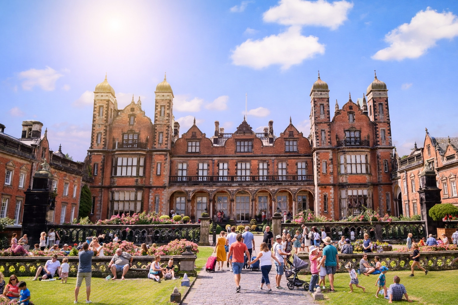 A historic town centre with a church.